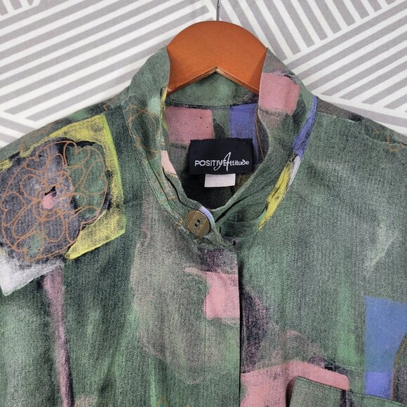 Vintage 90s Shirt Dress Size 14 16 XL Art to Wear Midi Long Green Button Front - Picture 5 of 9